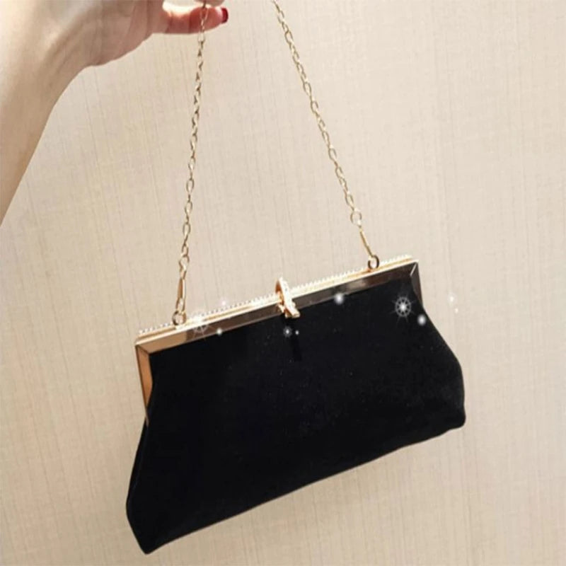 Retro Velvet Evening Clutch Bag with Rhinestone Buckle
