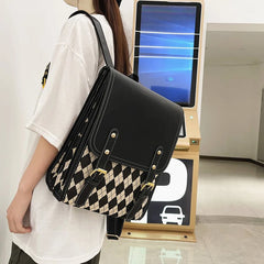 Women Retro Pu Plaid Backpack Large Capacity Student Magnetic Buckle School Bag
