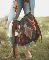 Geometric Print Retro Tassel Shoulder Bag