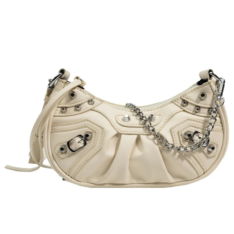 Rivet Shoulder Bag PU Leather Handbag Chain Crossbody Zipper Messenger