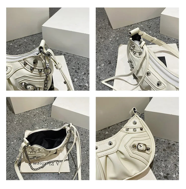 Rivet Shoulder Bag PU Leather Handbag Chain Crossbody Zipper Messenger