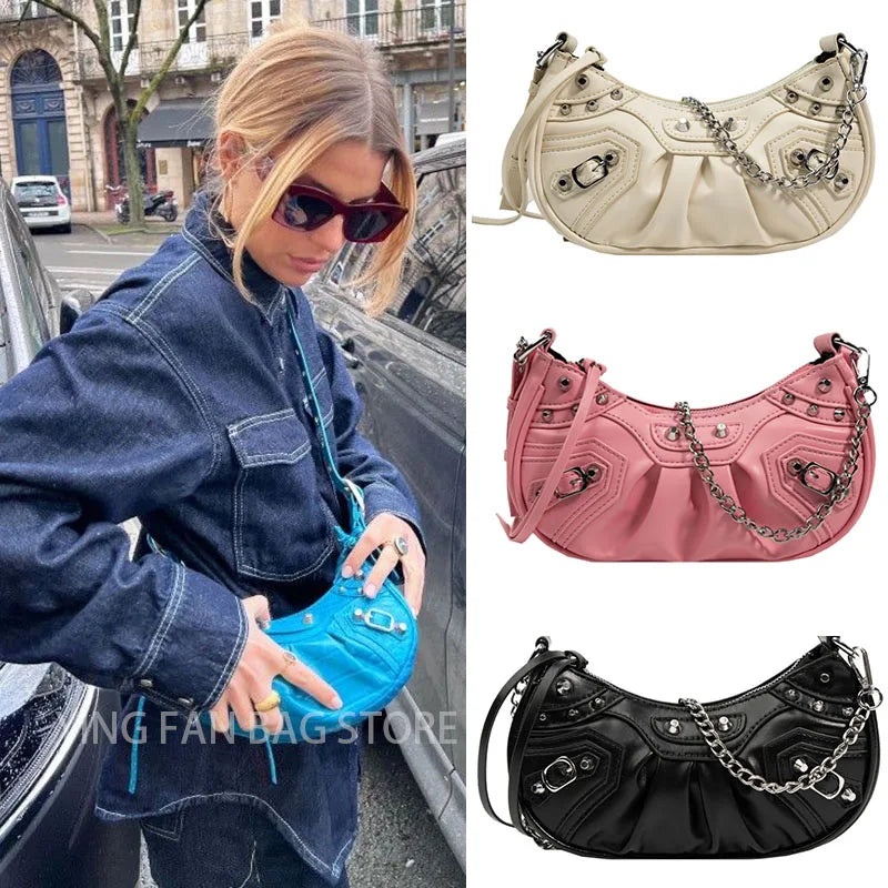 Rivet Shoulder Bag PU Leather Handbag Chain Crossbody Zipper Messenger