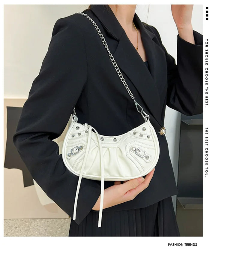 Rivet Shoulder Bag PU Leather Handbag Chain Crossbody Zipper Messenger