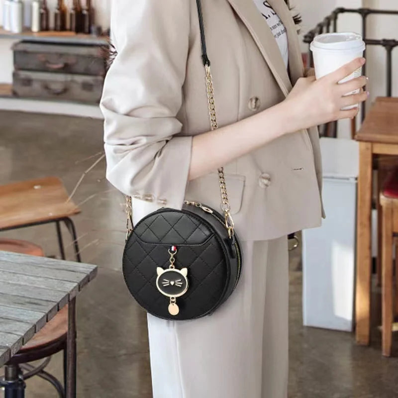 Women Round Shoulder Handbag Small Cat Decor Crossbody Bags Solid Color