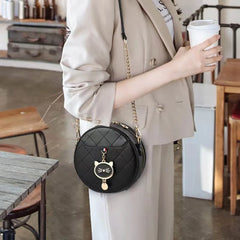 Women Round Shoulder Handbag Small Cat Decor Crossbody Bags Solid Color