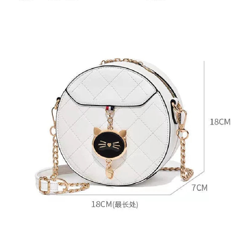 Women Round Shoulder Handbag Small Cat Decor Crossbody Bags Solid Color