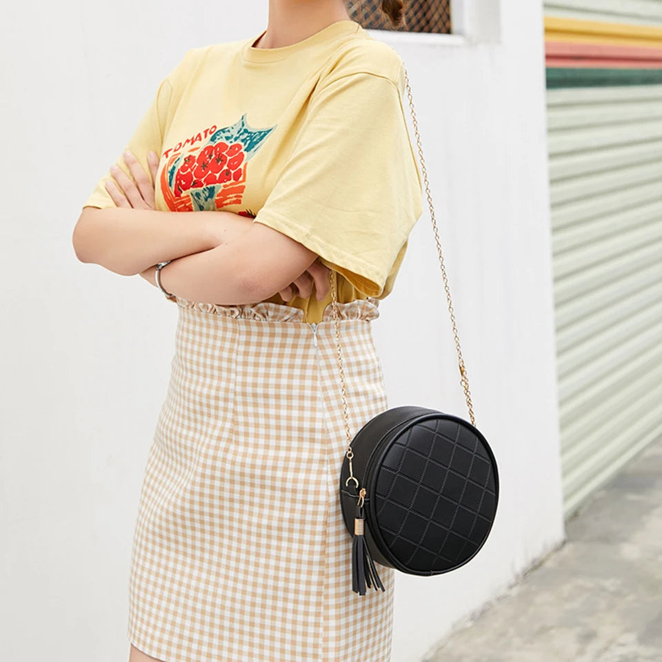 Women Leather Round Shoulder Bag Tassel Circular Plaid Purse Crossbody Messenger