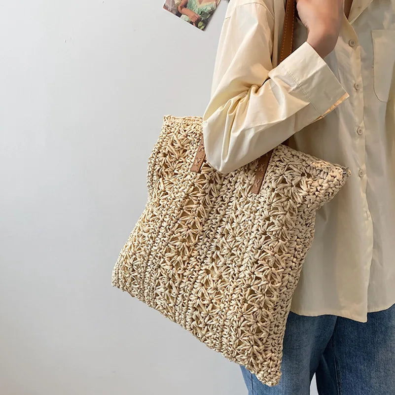 Women's Large Capacity Straw Shoulder Bag Beige/Brown