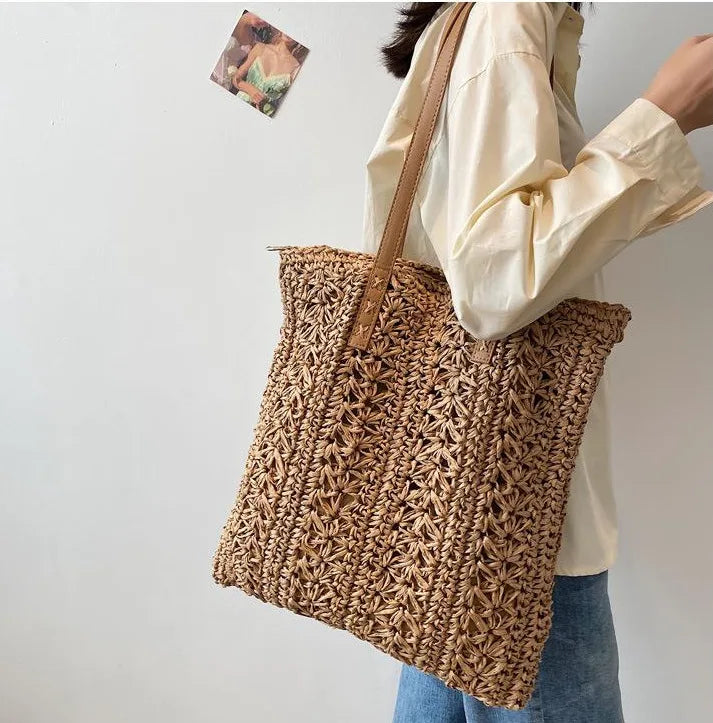 Women's Large Capacity Straw Shoulder Bag Beige/Brown
