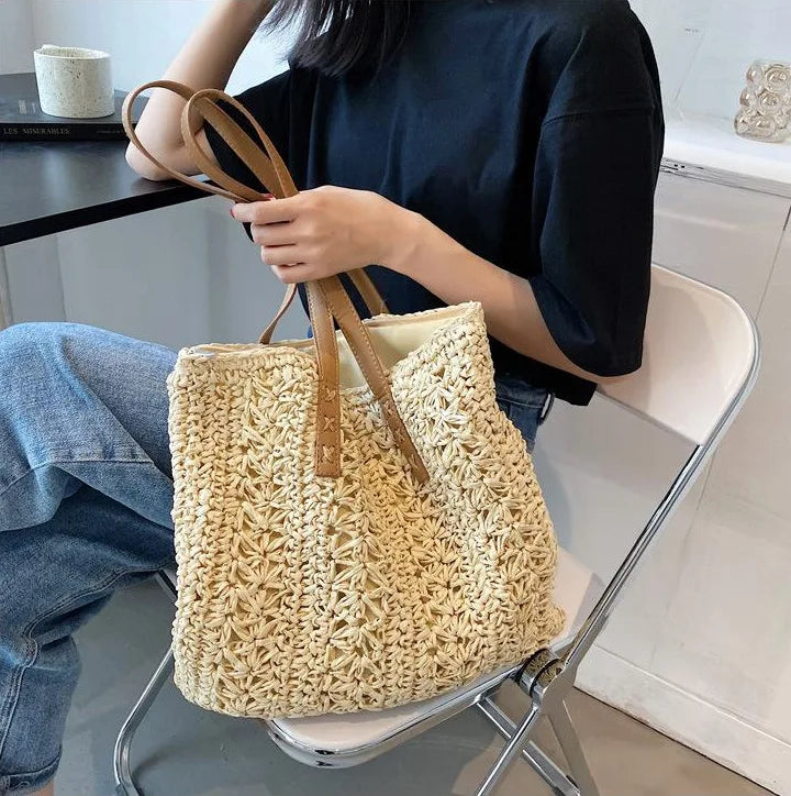 Women's Large Capacity Straw Shoulder Bag Beige/Brown