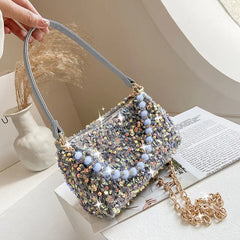Women Sequins Shoulder Bag Zipper Handbag Cross Body Chains Flap Style