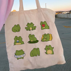 Women Shopper Frog Canvas Bag Tote Shoulder Handbag