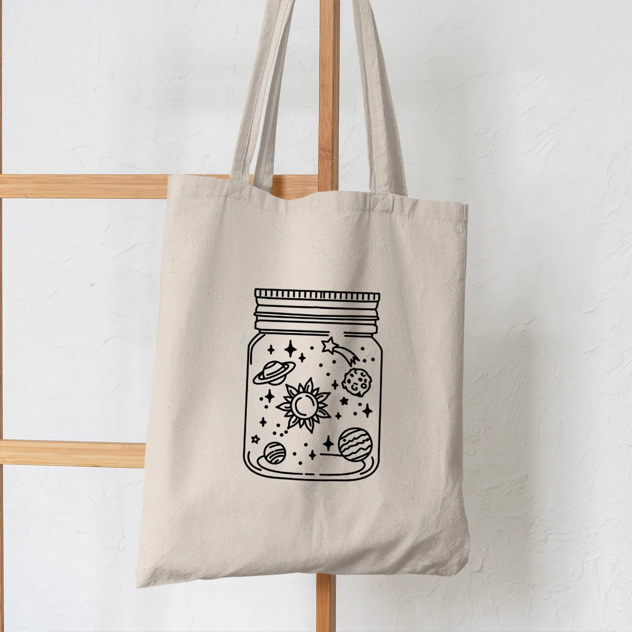 Women Shopper Mason Jar Art Planets Stroke Shopping Canvas Bag