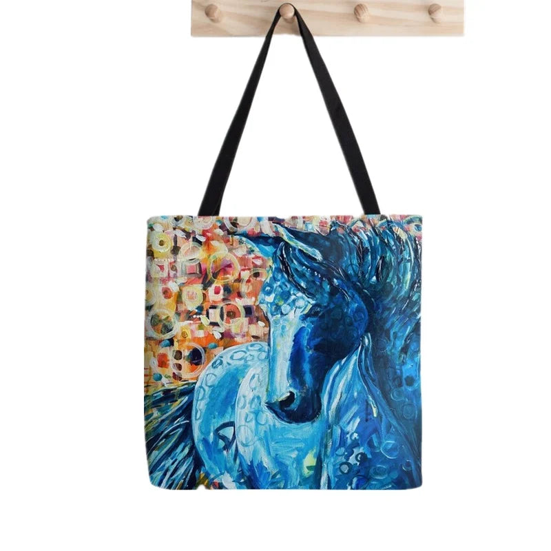 Gray Running Horses Pattern Harajuku Canvas Shopper Bag