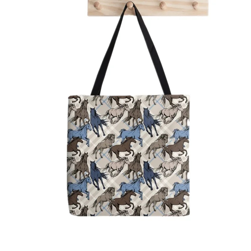Gray Running Horses Pattern Harajuku Canvas Shopper Bag