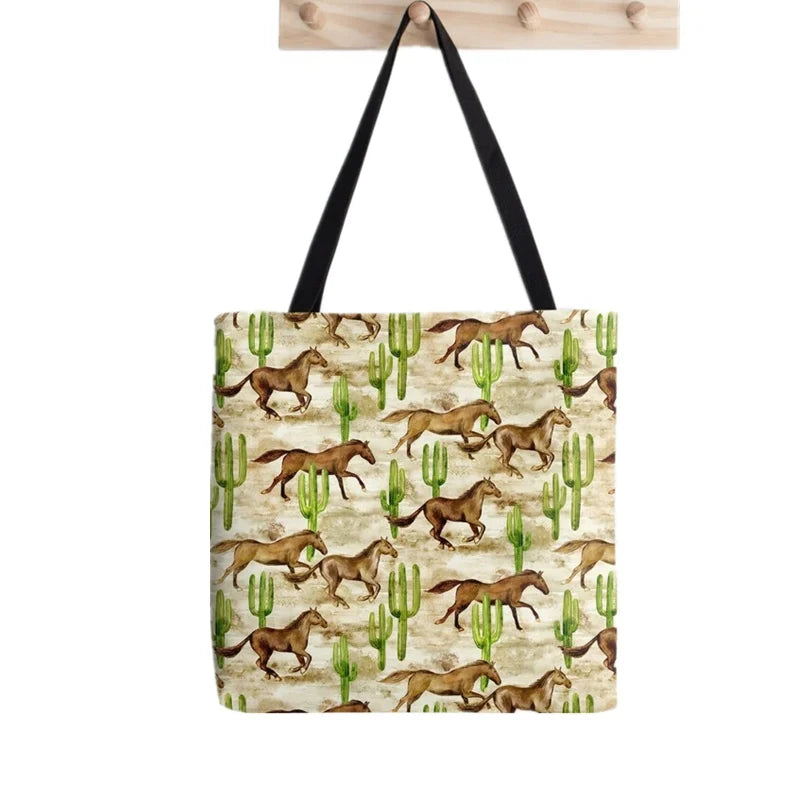 Gray Running Horses Pattern Harajuku Canvas Shopper Bag