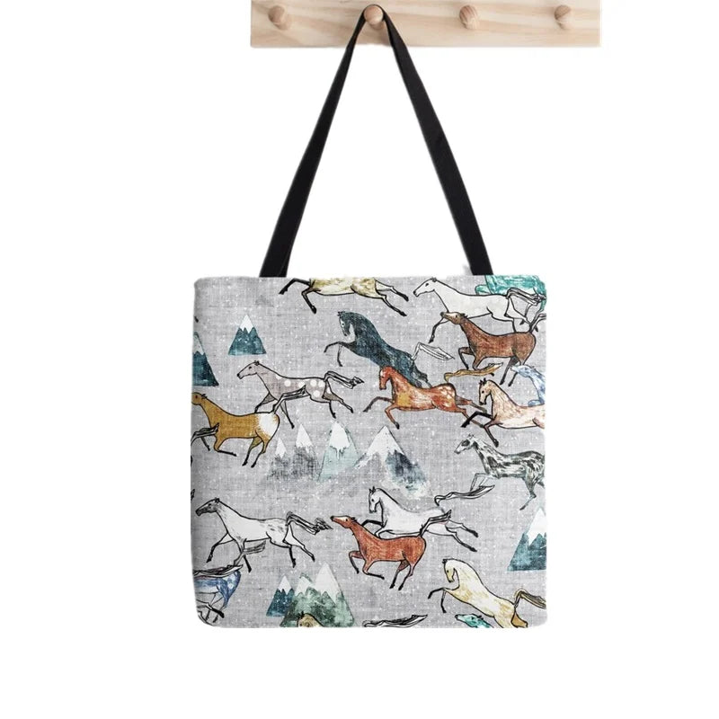 Gray Running Horses Pattern Harajuku Canvas Shopper Bag