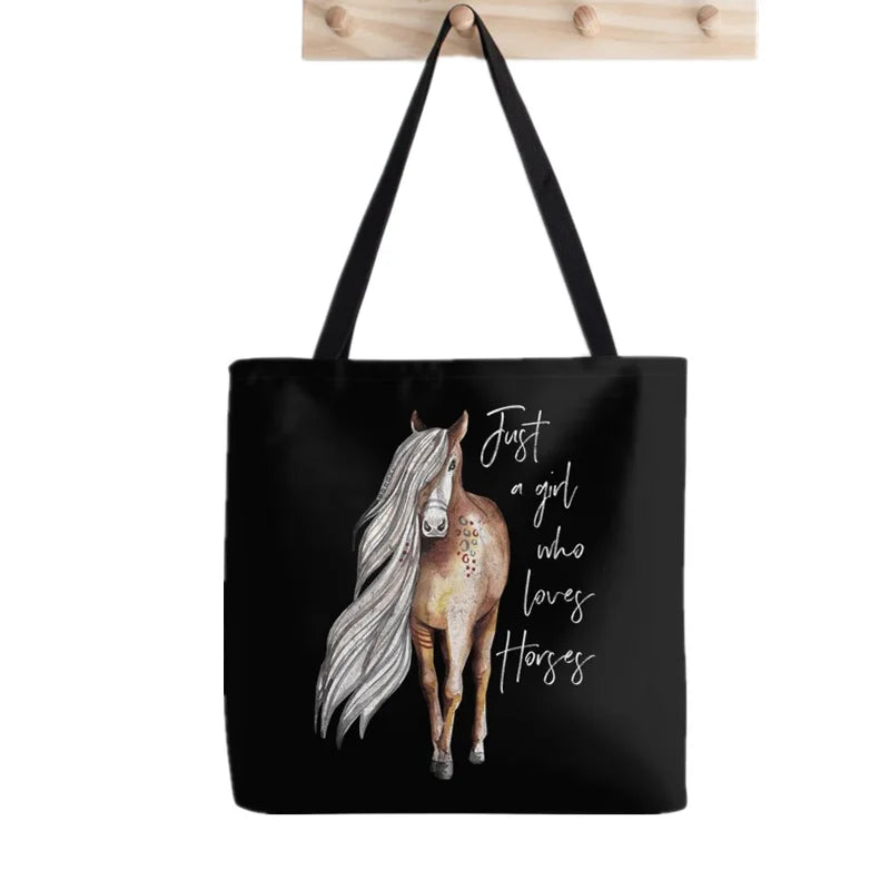 Gray Running Horses Pattern Harajuku Canvas Shopper Bag