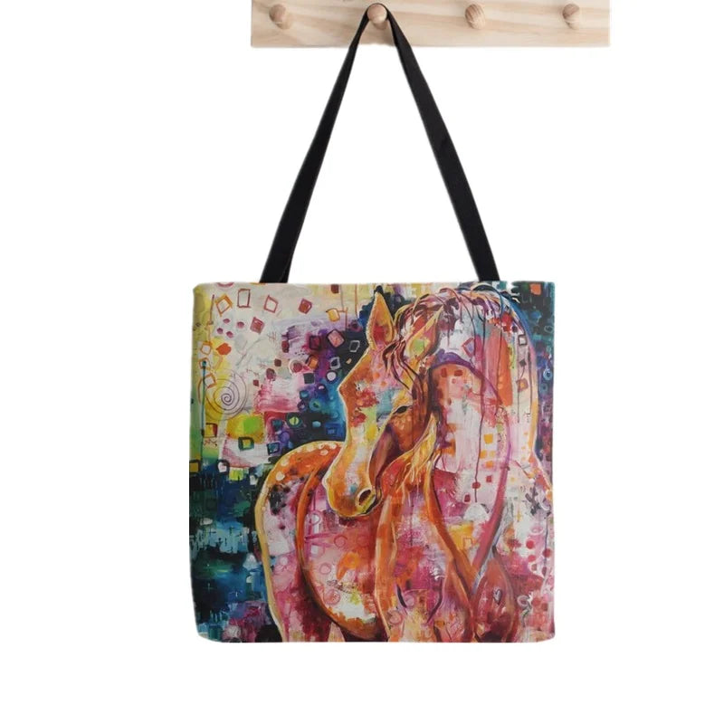 Gray Running Horses Pattern Harajuku Canvas Shopper Bag