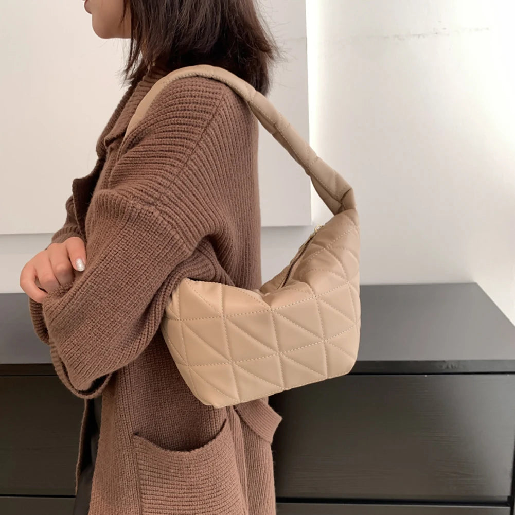 Women Clutches PU Leather Shoulder Bag Quilted Rhombus Pattern Tote Bag