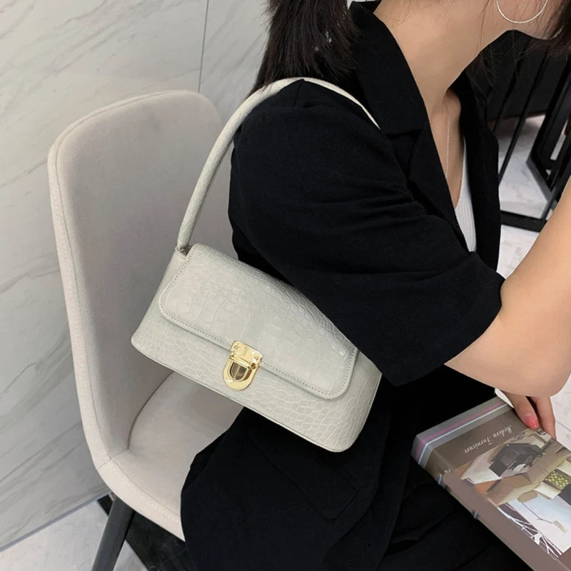 Retro Casual Lady Handbag Stone Pattern Shoulder Bag PU Leather Top Handle Bag