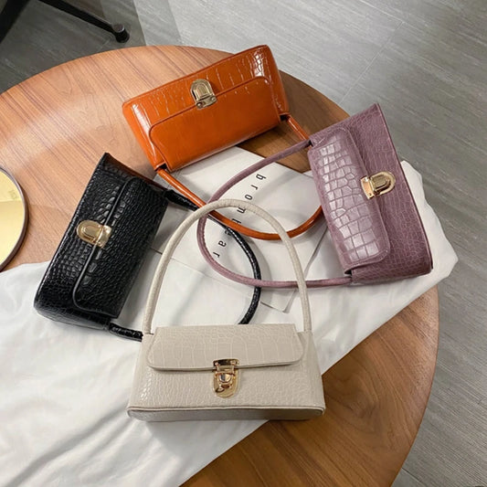 Retro Casual Lady Handbag Stone Pattern Shoulder Bag PU Leather Top Handle Bag