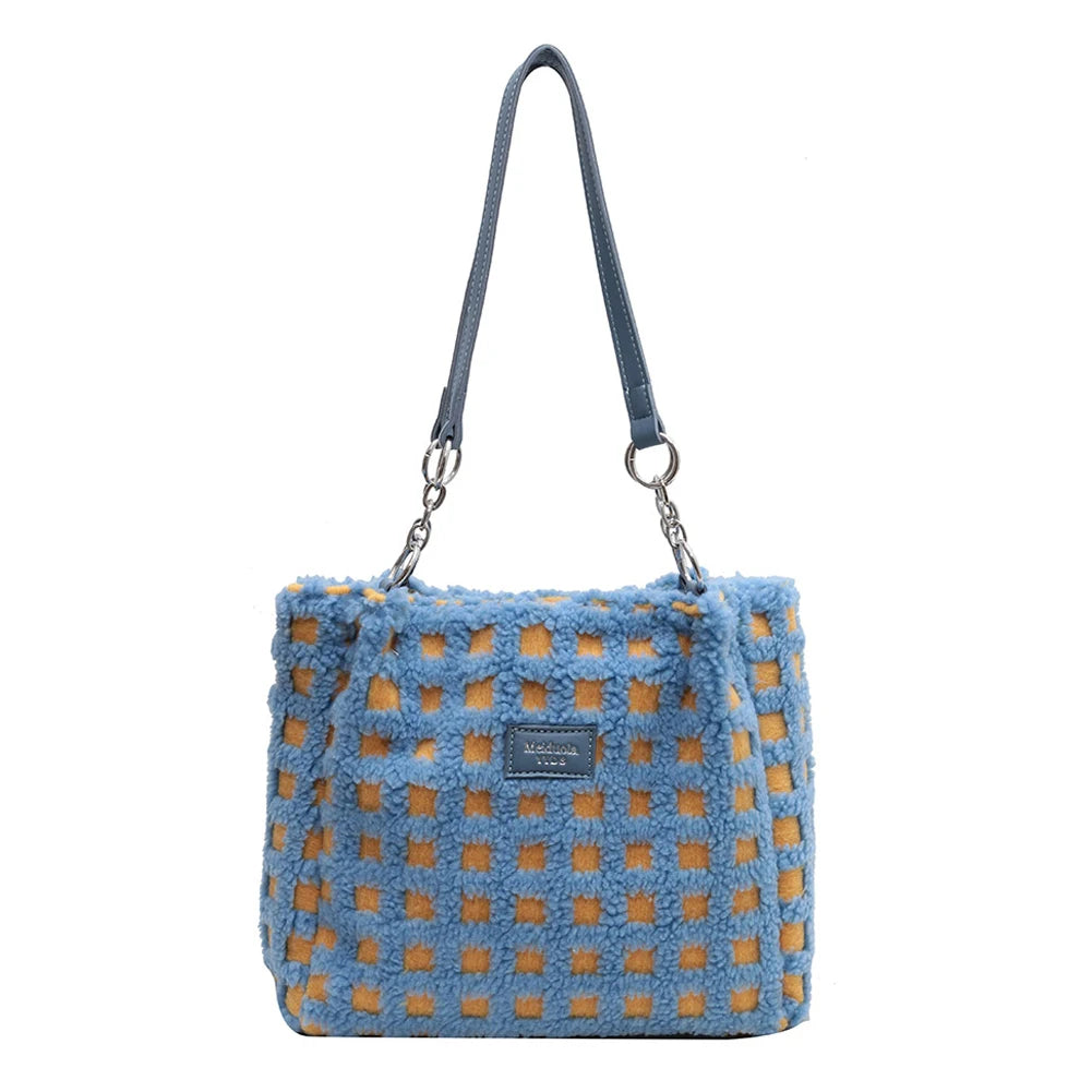 Plush Plaid Zipper Tote Bag for Women