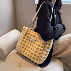 Plush Plaid Zipper Tote Bag for Women
