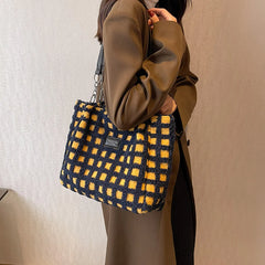 Plush Plaid Zipper Tote Bag for Women
