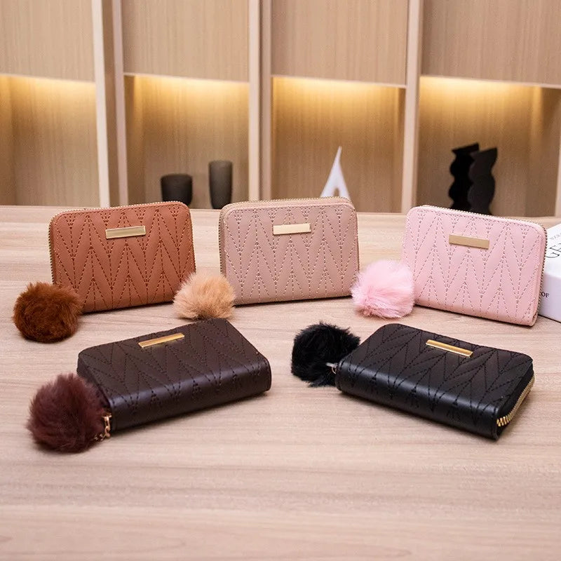 Embroidered Short Wallet with Wool Ball Decoration