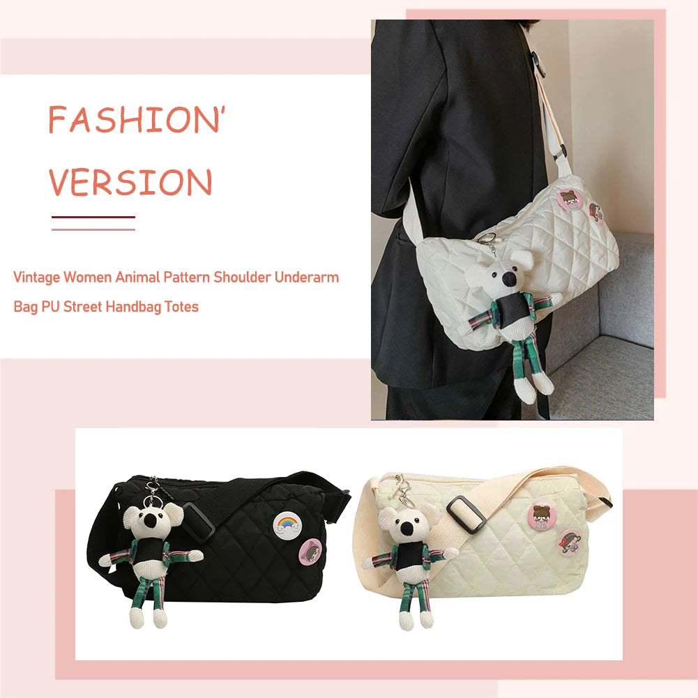 Women Shoulder Bag Cotton Padded Messenger Bag with Bear Pendant