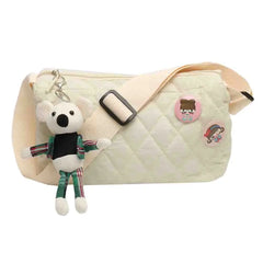 Women Shoulder Bag Cotton Padded Messenger Bag with Bear Pendant