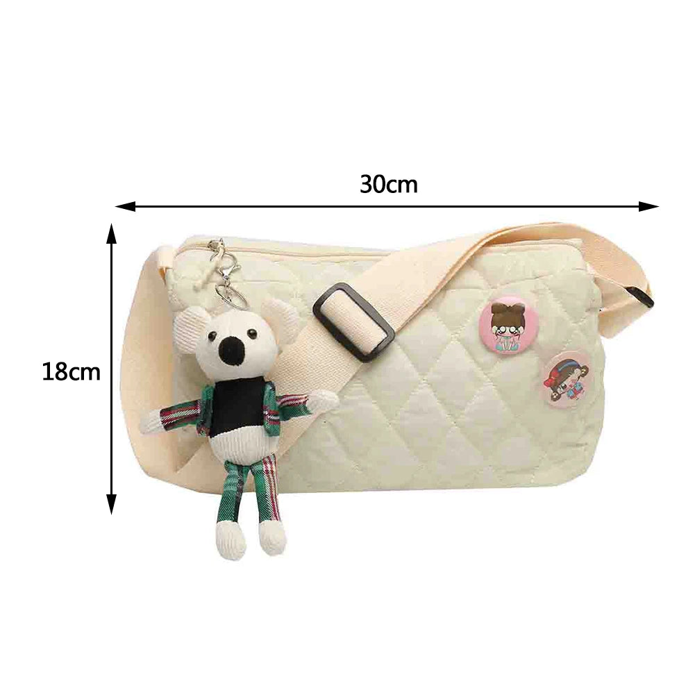 Women Shoulder Bag Cotton Padded Messenger Bag with Bear Pendant