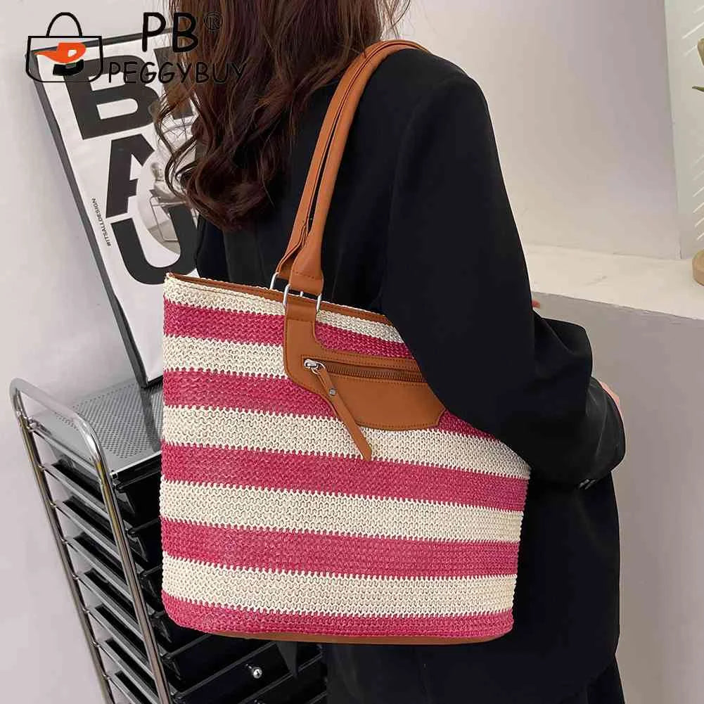 Knit Striped Shoulder Bag Large Capacity Zipper Soft for Travel Daily