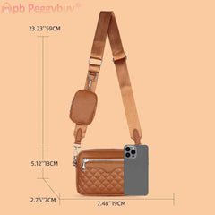Leather Shoulder Tote Bag Rhombus Pattern Zipper with Small Purse