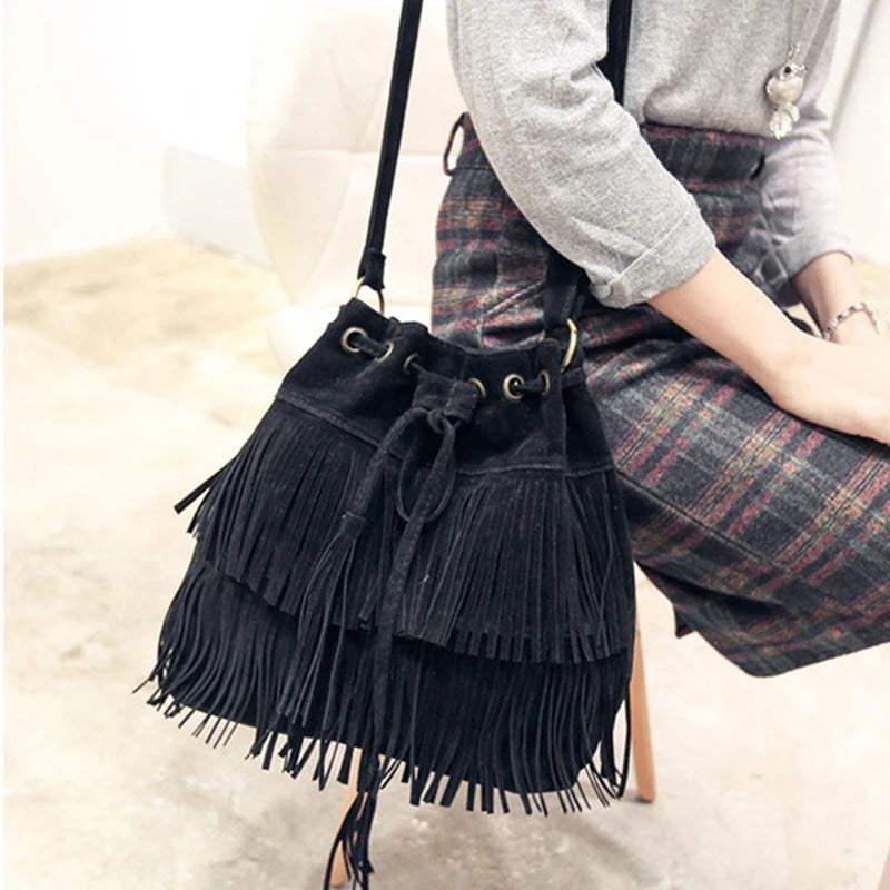 Women Shoulder Bag Solid Tassels Trending Cross Body Bag Tassel Faux Fringe