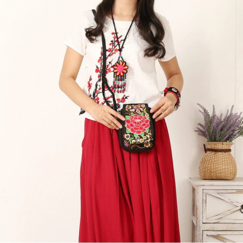Women Shoulder Bag Vintage Floral Embroidered Crossbody Zip Bag