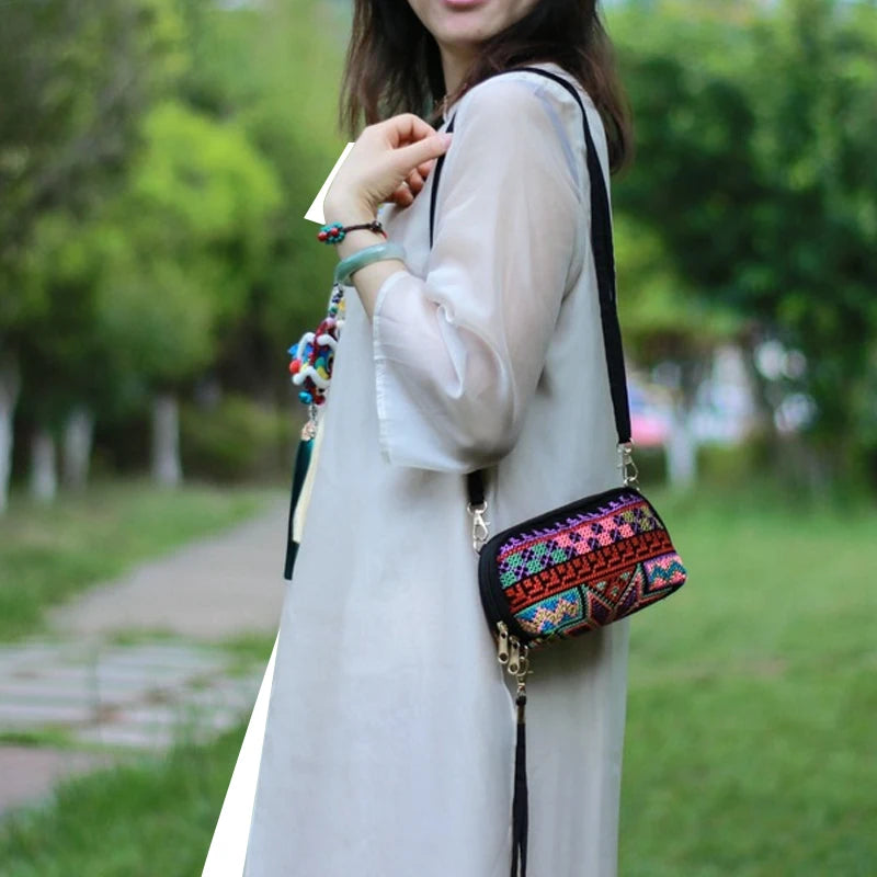 Vintage Geometric Embroidered Shoulder Bag Travel Pouch