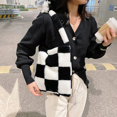 Plush Checkered Crossbody Bag for Shopping