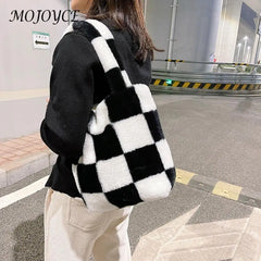 Vintage Plush Checkered Print Shoulder Bag