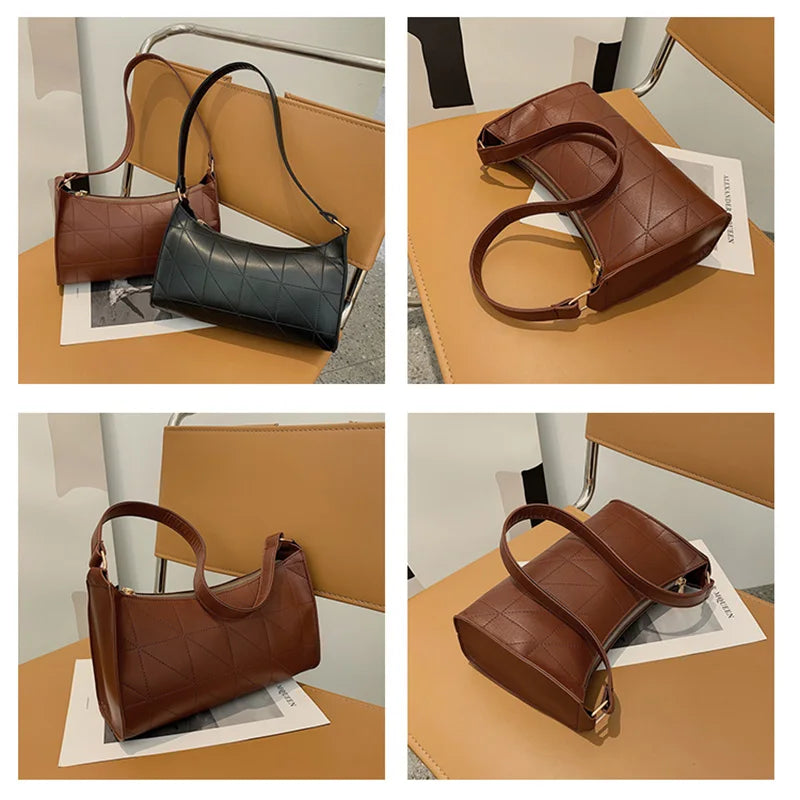 Women Shoulder Bag Zipper PU Leather Lattice Crescent Handbag Embroidery Thread