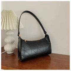 Women Shoulder Bag Zipper PU Leather Lattice Crescent Handbag Embroidery Thread