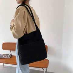 Plush Tote Bags with Front Open Pockets - Large Capacity Handbags