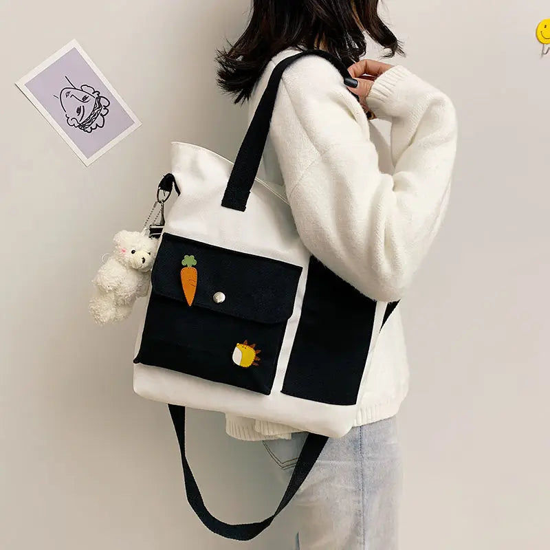 Canvas Shoulder Bag Large Capacity Multi-pockets Tote Handbag