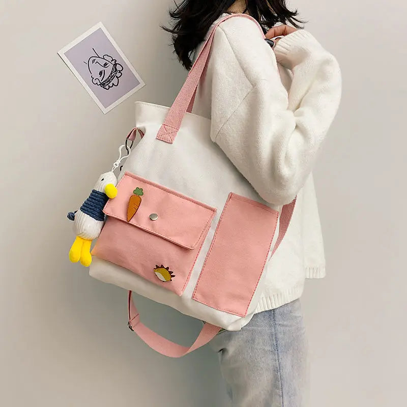Canvas Shoulder Bag Large Capacity Multi-pockets Tote Handbag