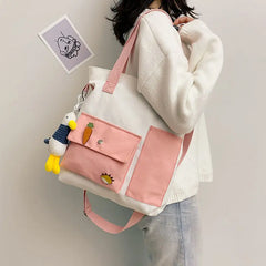 Canvas Shoulder Bag Large Capacity Multi-pockets Tote Handbag