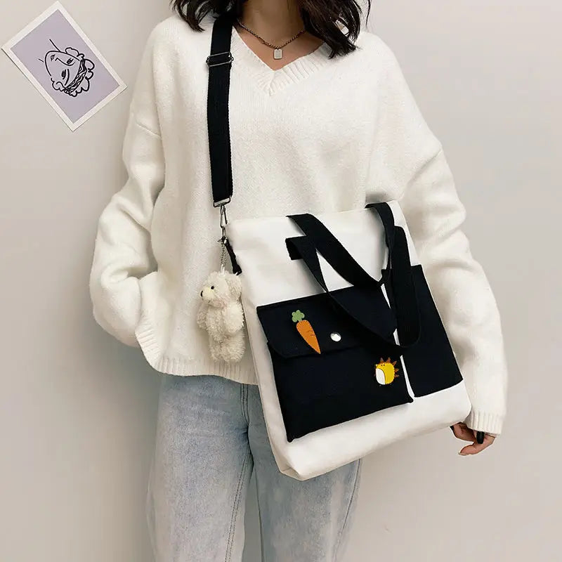 Canvas Shoulder Bag Large Capacity Multi-pockets Tote Handbag