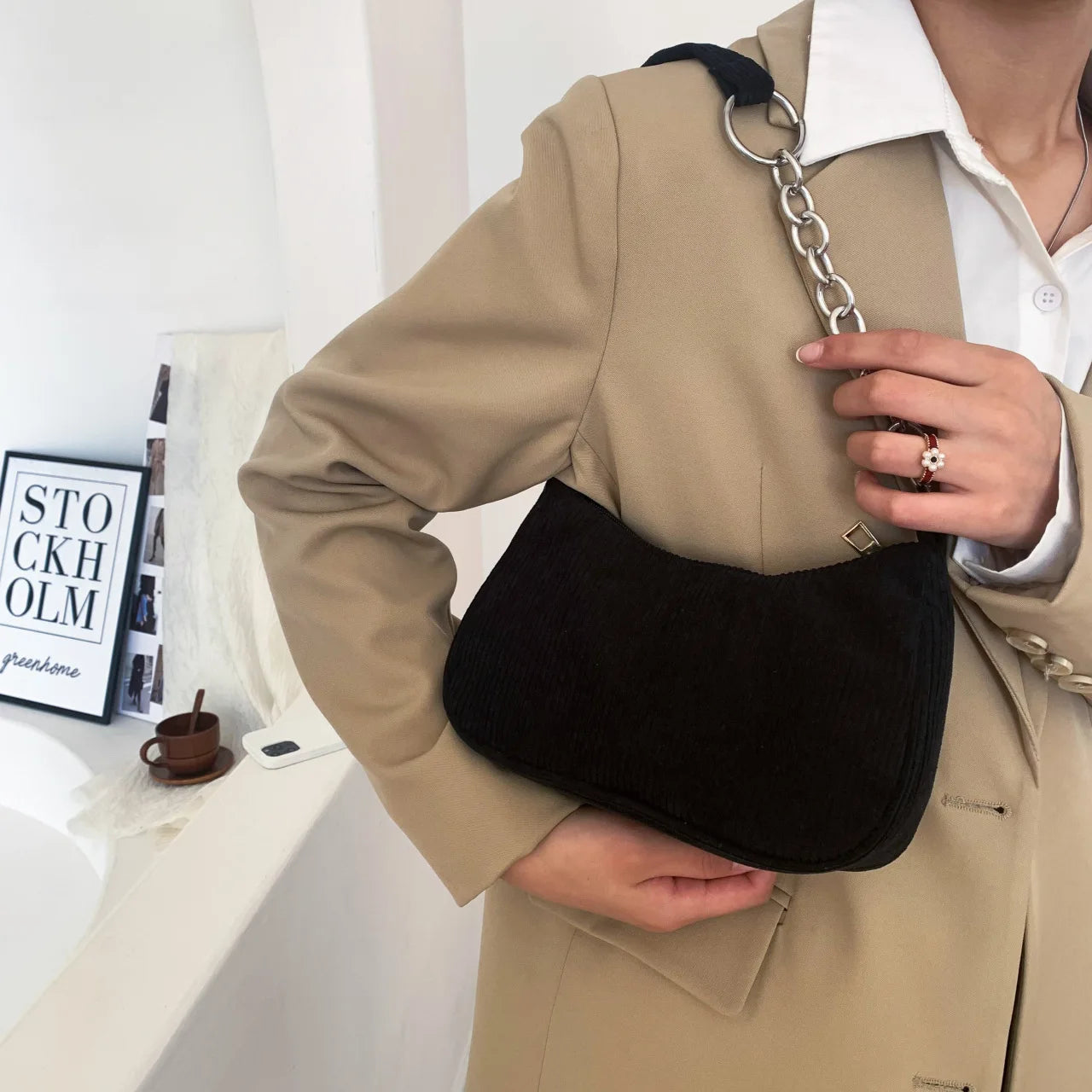 Casual Corduroy Shoulder Bag for Women Travel Portable Handbag