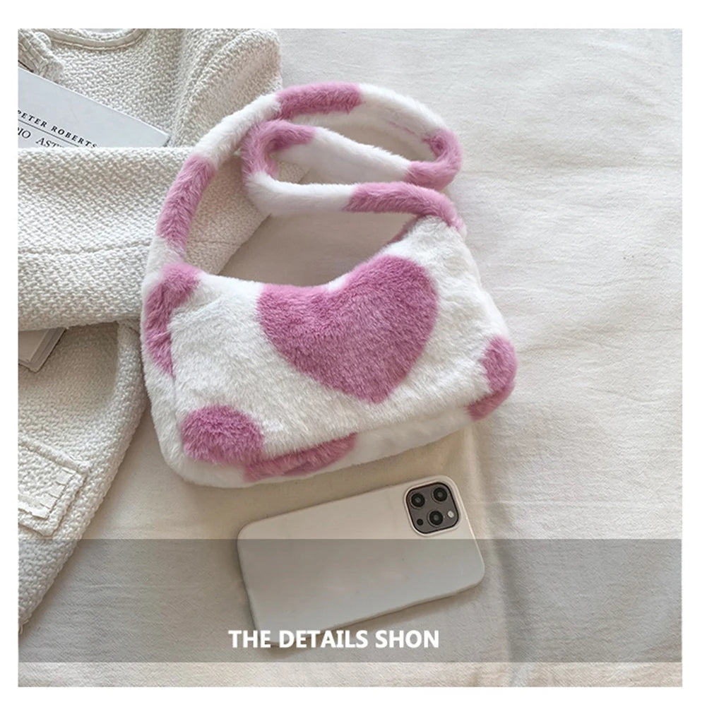 Women Heart Printing Shoulder Bag Warm Plush Tote Handbag