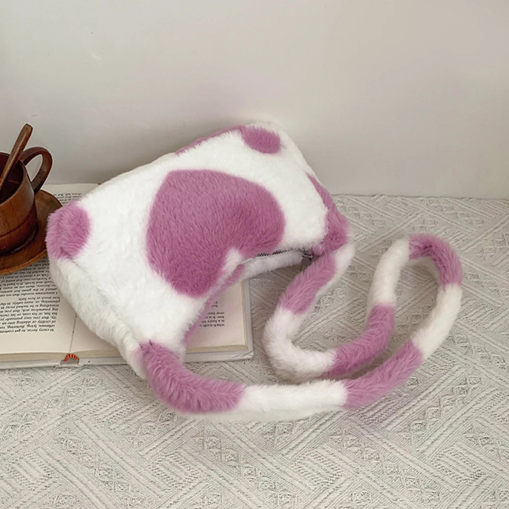 Women Heart Printing Shoulder Bag Warm Plush Tote Handbag